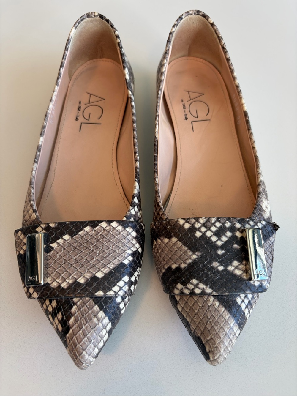 AGL Snake-Print Pointed Toe Flats in Brown and Cream